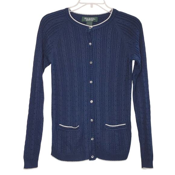 Brooks Brothers Cardigan Sweater Silk Blend Navy Blue Cable Knit Womens XS - Picture 1 of 6